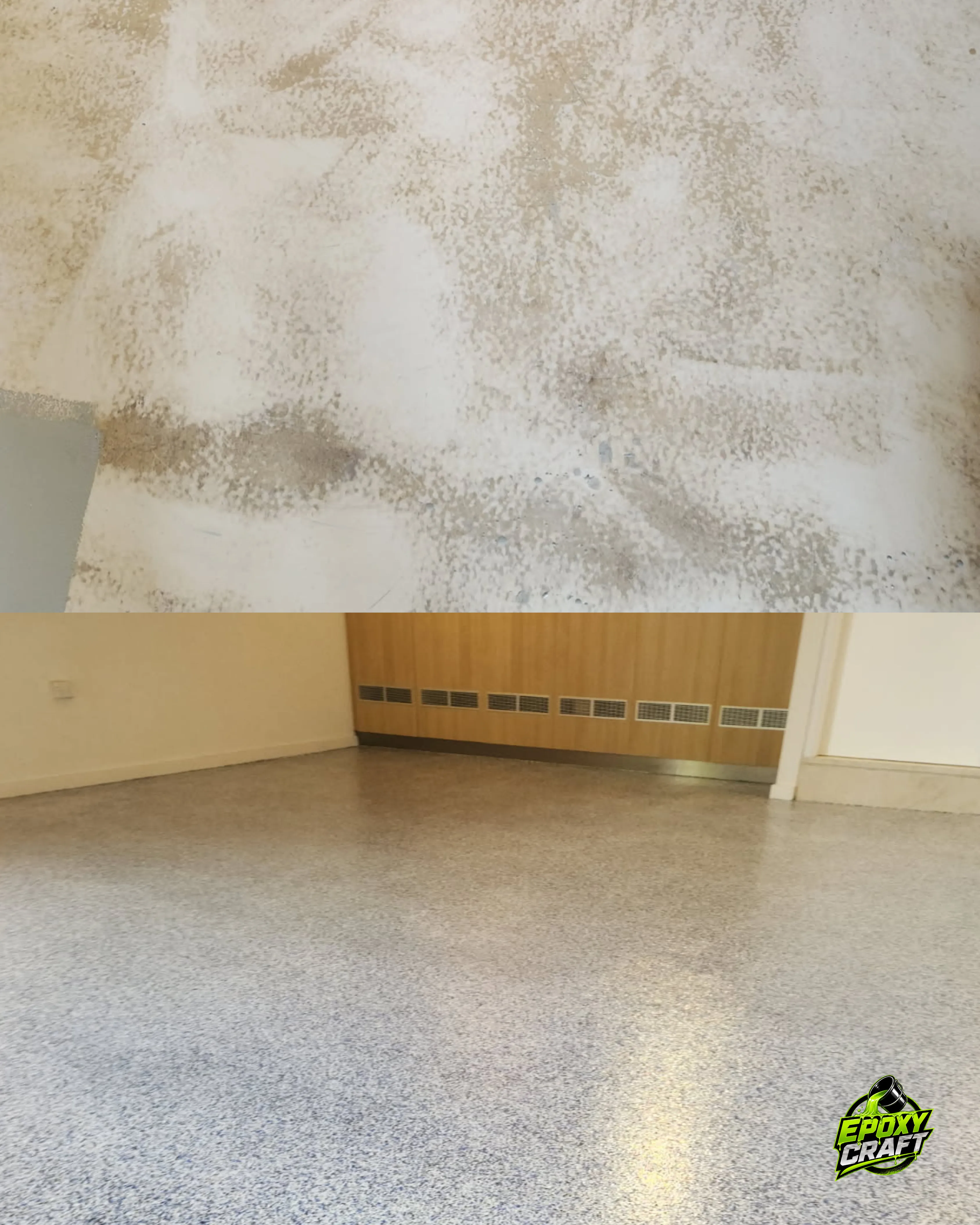 Before and after comparison of a garage floor transformed with epoxy coating